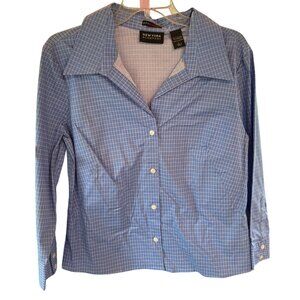 New York & Company Blue Plaid Button-Up Shirt Size L 97% Cotton 3% Spandex NWT